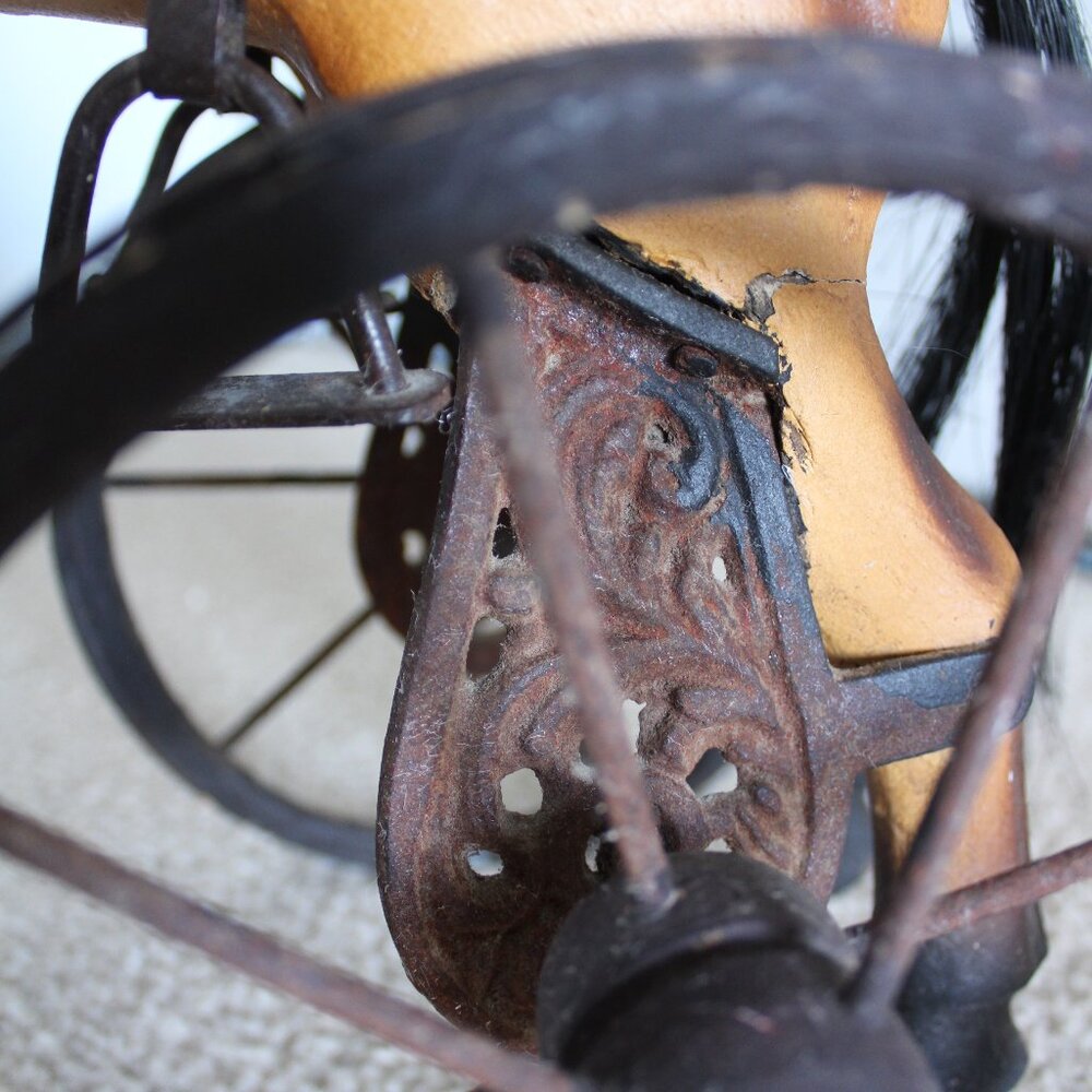 Vintage 17.5"Tall x 16" Wood & Cast Iron Leather Saddle Horse Trike - Picture 9 of 16